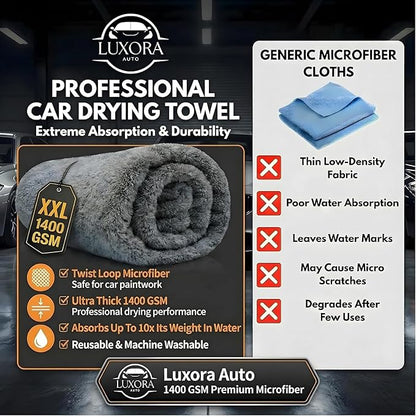Car Drying Towel Extra Large 36" x 24" 1400 GSM Twisted Loop Microfibre - Charcoal Drying Towel Car Detailing, Double-Sided Edgeless Design, Super Absorbent, Durable Machine Washable and Lint-Free