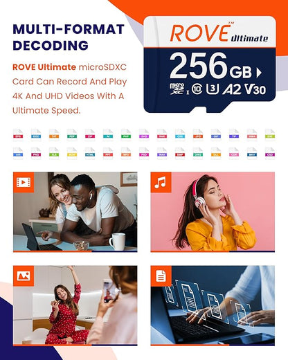 ROVE Ultimate Micro SD Card microSDXC 256GB Memory Card with USB 3.2 Type C Card Reader 170MB/s C10, U3, V30, 4K, A2 for Dash Cam, Android Smart Phones, Tablets, Games (Pack of 2)