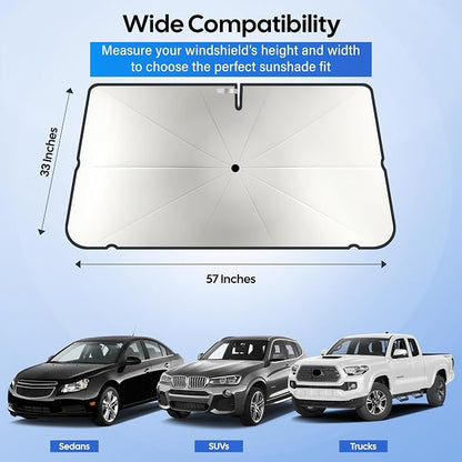 Econour Windshields Sun Shade Umbrella for Car | Medium Foldable Car Sunshade | UV & Heat Protection Front Window Sun Shield, Keeps Interior Cool, Fits Sedans SUVs & Trucks (57” x 33”)