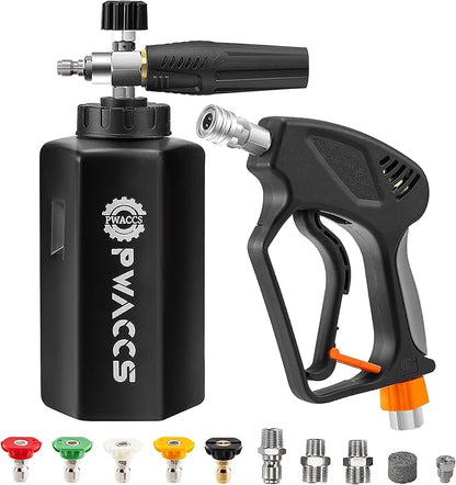 PWACCS Pressure Washer Gun with Foam Cannon, 1.5 Liter, 5000 PSI | Short Gun with Swivel, 1/4" Quick Connector, 5 Power Washer Nozzle Tips, Car Wash Foam Gun Kit