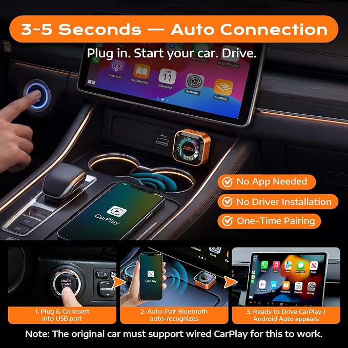 4-in-1 Wireless CarPlay Adapter with Screen Mirroring, Plug & Play No App | Watch Netflix/YouTube in Car, Android Auto AirPlay Mirror Link, Compatible with 800+ Cars iPhone Android, USB-A/C Input