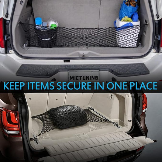 MICTUNING 2-Layer Heavy Duty SUV Truck Cargo Net, 44 x 15 Inch Universal Bed Net with Hooks, Adjustable Highly Elastic Storage Organizer Mesh Net Compatible for Pickup Truck SUV