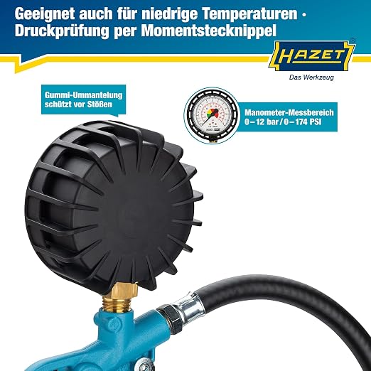 HAZET Tire Pressure Gauge 9041-1 I Pressure Gauge Measuring Range: 0-174 Psi, Hose Length: 15.75 Inches, Pressure Gauge Diameter: 2.48 Inches I Tire Pressure Gauge for Cars