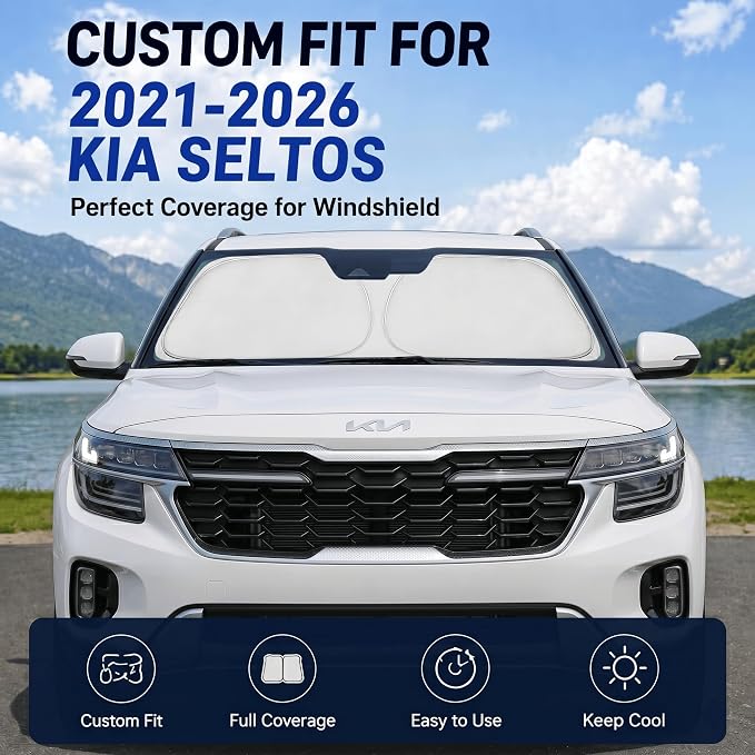 Custom Fit Windshield Sun Shade for Kia Seltos 2021-2026 | Custom Fit Windshield Cover, Blocks UV Rays, Double-Layer Heat Shield, Durable Frame, Easy Fold & Storage
