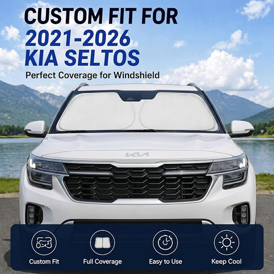 Custom Fit Windshield Sun Shade for Kia Seltos 2021-2026 | Custom Fit Windshield Cover, Blocks UV Rays, Double-Layer Heat Shield, Durable Frame, Easy Fold & Storage