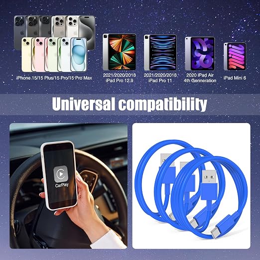 3-Pack Blue [3.3FT+3.3FT+6FT] USB A to USB C Cable, Compatible with iPhone 15/16, iPad, Samsung, MacBook, PS5 and More, Fast Charging, Carplay Cable