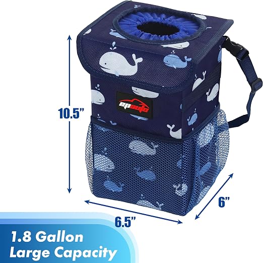 EPAuto Waterproof Car Trash Can with Lid and Storage Pockets, 1.8 Gallon, Blue