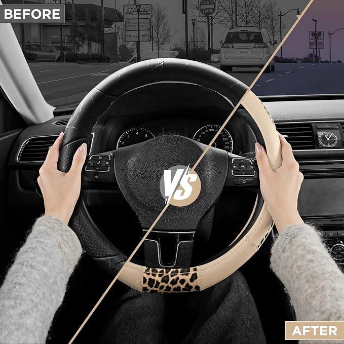 Road Comforts Steering Wheel Cover - Flat Bottom Wheel Cover Made with PVC Leather and Leopard Fabric - Universal Fit for 15-Inch D-Shaped Automotive Steering Wheels (Milky White)