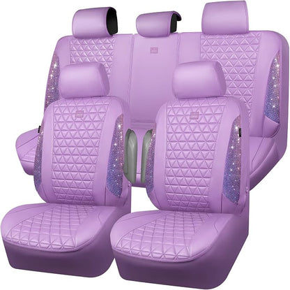 CAR PASS Light Purple Bling Diamond Leather Car Seat Covers Full Sets, Waterproof Shining Glitter Sparkly Crystal Universal Armrest Fit for Automotive Truck SUV Cute Women Girl,Lavender Rhinestone