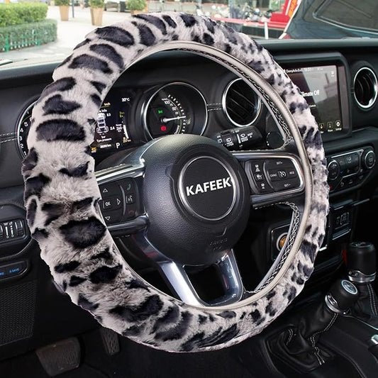 KAFEEK Elastic Long Microfiber Plush Steering Wheel Cover for Winter Warm, Universal 15 inch, Anti-Slip, Odorless, Leopard Gray