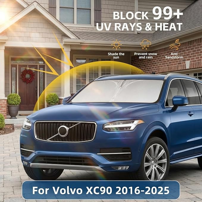 Windshield Sun Shade for Volvo XC90 2016-2024 2025 2026 Sunshade Front Window Shade Custom Fit XC90 Accessories Sun Visor Foldable Shade Blocks UV Rays Accessories