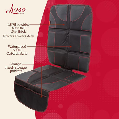 Lusso Gear Car Seat Protector - Waterproof Seat Covers for Infant & Cars - Non-Slip 8-Layer Protector - Rear Shield with Mesh Pockets - Black with Red Stitching, Universal Fit