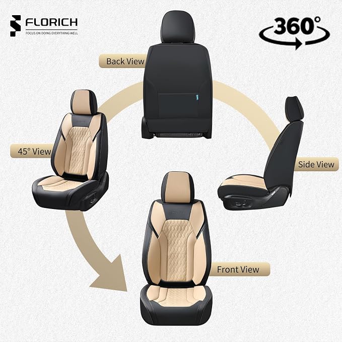 FLORICH Seat Covers, Car Seat Covers Full Set, Luxury Nappa Leather Seat Covers, Breathable and Waterproof Car Seat Protector 5 Seat, Automotive Seat Covers Universal Fit for Most Cars-Black&Beige