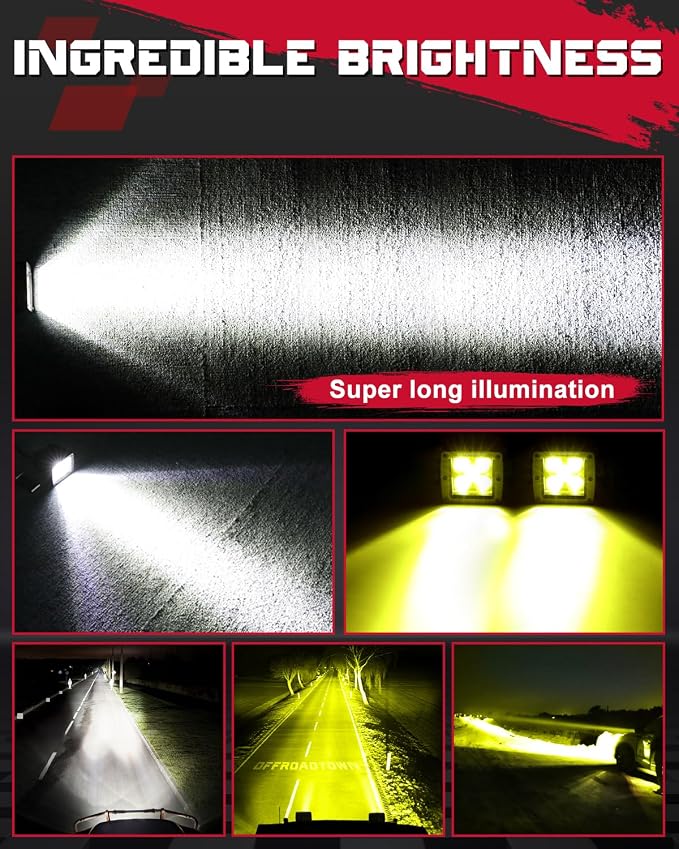 OFFROADTOWN LED Cubes, 4PCS 3 Inch 200W CREE LED Pods Spot Offroad Driving Lights 3x3 LED Cube Light Ditch Fog Lights for Truck Pickup UTV ATV SUV Boat 4x4 Car - White and Yellow