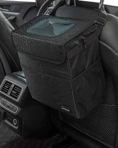 SIBOFUEGO Sturdy 3 Gallon Car Trash Can - Ultra Large Capacity, Leak Proof, Waterproof Car Organizer and Storage with Pockets and Adjustable Straps, Collapsible Interior Car Accessory (Black Leopard)
