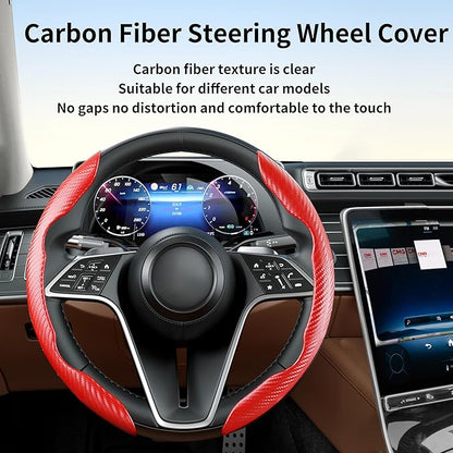 Carbon Fiber Steering Wheel Cover, 2-Piece Set Anti-Skid Comfortable Grip Segmented Butterfly Design, Easy Snap-On Installation Universal Fit 99% Cars, Red
