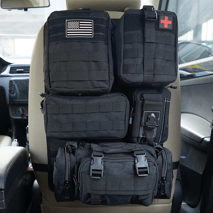 Universal Tactical Car Seat Back Organizer Bag Tactical Molle Vehicle Organizers Panel Vehicle Protector Organizers with 5 Detachable Pouches for Car Truck Ford Jeep (Black)
