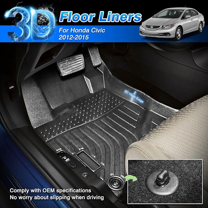 Cartist Custom Fit for Floor Mats Honda Civic 2012 2013 2014 2015 All Weather Waterproof Floor Liners Front & Rear Row Carpet Protection Mat TPE (Not fit for 2 Doors Couple)