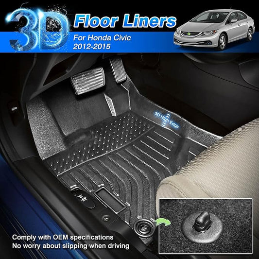 Cartist Custom Fit for Floor Mats Honda Civic 2012 2013 2014 2015 All Weather Waterproof Floor Liners Front & Rear Row Carpet Protection Mat TPE (Not fit for 2 Doors Couple)