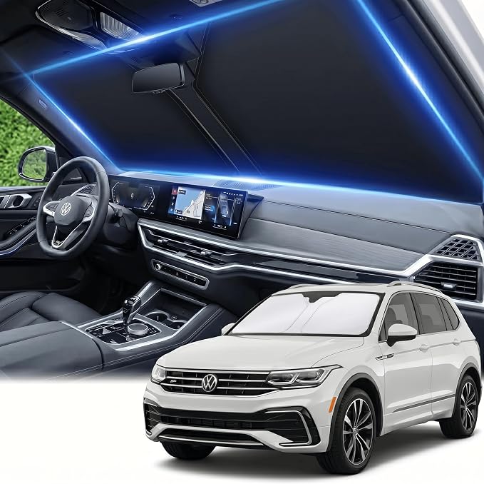 Windshield Sun Shade for VW/Volkswagen Tiguan 2018-2024 2025 2026 Front Window Shade Custom Fit Tiguan Accessories Sun Visor Foldable Shade Blocks UV Rays Summer Must Have Car Accessories