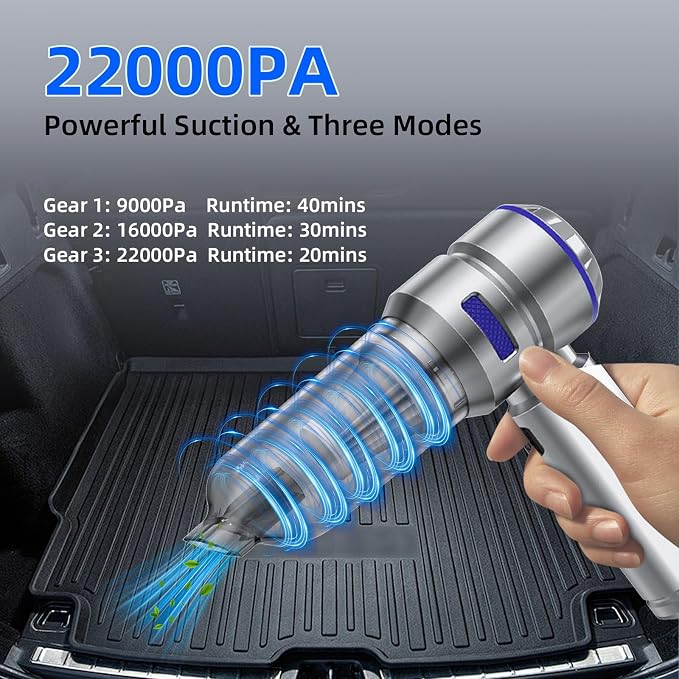 WINWEND Portable Car Vacuum - 22000PA Cars Vacuum Cleaner High Power 4 in 1 Compressed Air Duster & Air Blower & Pump Hand Held Vacuums Cordless with Brushless Motor for Car Home Office Blue