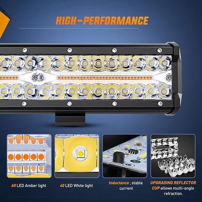 Nilight 12Inch 300W LED Light Bar 2PCS 4Inch 60W Light Pods Amber White Strobe 6 Modes Memory Function Reset Function Off Road Truck with 16AWG Wiring Harness Kit-3 Leads, 2 Years Warranty