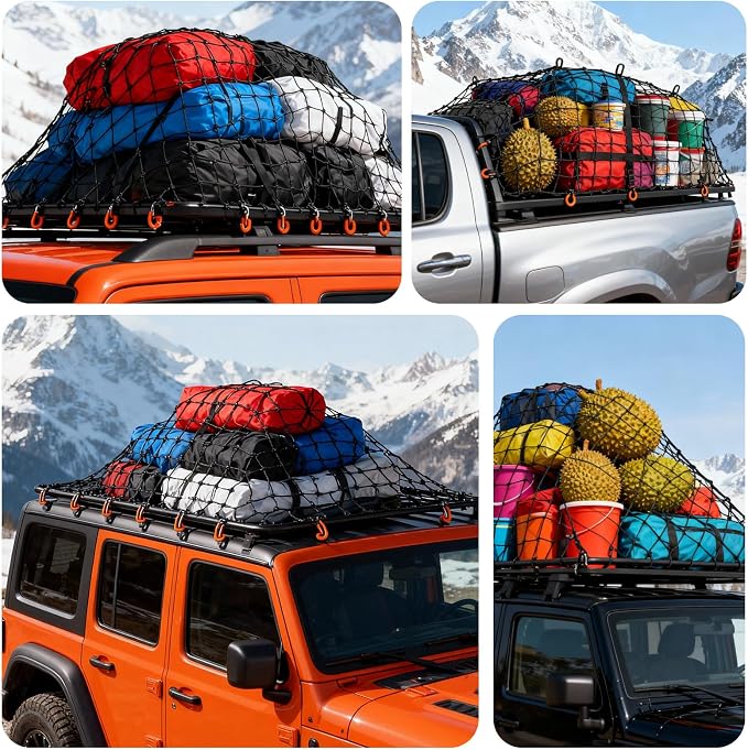 Cargo Net for Pickup Truck Bed-4’x6’ Stretches to 8’x12’,with 12 Adjustable Metal Carabiners，Easy-to-use Tailgate Cargo Netting- Compatible with Ford, Dodge RAM, Chevy, Toyota (Black)