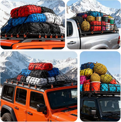 Cargo Net for Pickup Truck Bed-4’x6’ Stretches to 8’x12’,with 12 Adjustable Metal Carabiners，Easy-to-use Tailgate Cargo Netting- Compatible with Ford, Dodge RAM, Chevy, Toyota (Black)