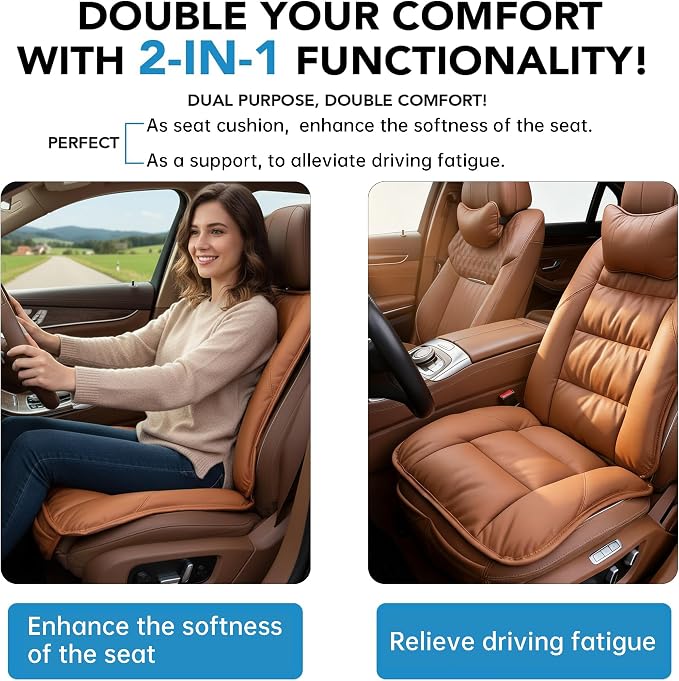 CORRIDOR Genuine Leather Seat Cushion for Car - Handmade - Relieve Hip, Pressure and Sciatica Pain - Ideal for Lower Back Pain - for Office Chair and Car Seat (Red Flag Brown, Cushion + Backrest)