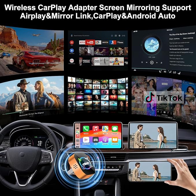 Wireless CarPlay Adapter 4 in 1 Car Screen Mirroring Adapter to Play TV on Car Screen for iPhone & Android, Upgrade Support Airplay&Mirror Link,CarPlay&Android Auto,Wired to Wireless,Plug and Play