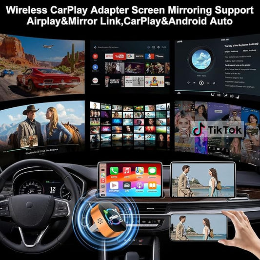 Wireless CarPlay Adapter 4 in 1 Car Screen Mirroring Adapter to Play TV on Car Screen for iPhone & Android, Upgrade Support Airplay&Mirror Link,CarPlay&Android Auto,Wired to Wireless,Plug and Play