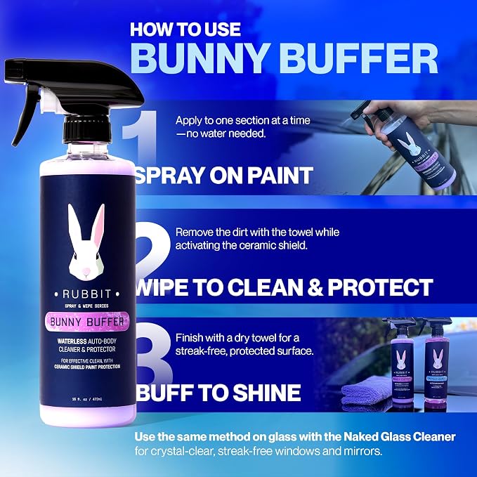 Bunny Buffer, Waterless SiO2 Ceramic Car Wash & Protector, Quick Spray and Wipe Car Cleaner, Detailing Product for Exterior Surfaces, Car Cleaning Supplies, 16 FL Oz