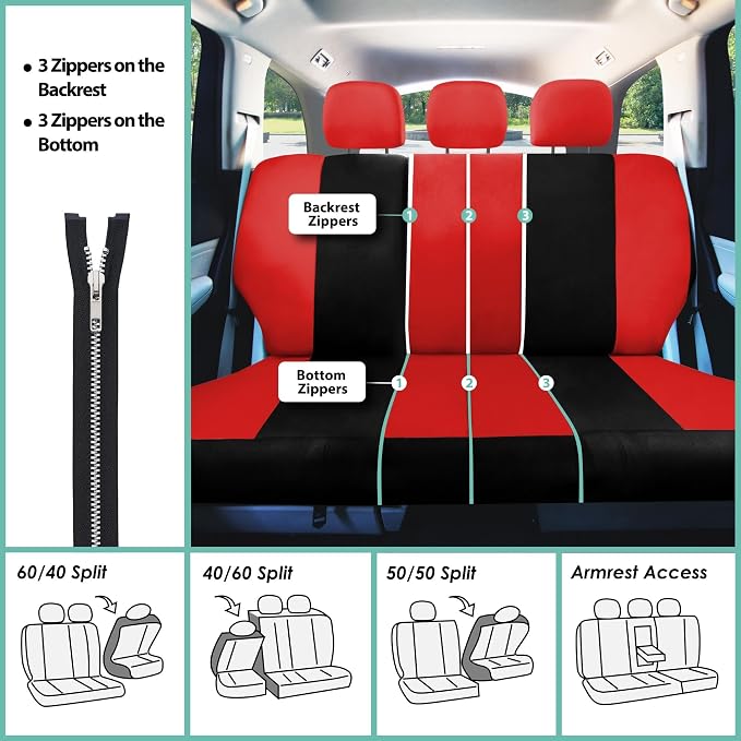 FH Group Car Seat Covers Combo Full Set with Carpet Floor mats Steering Wheel Cover and Seat Belt Pads- Universal Fit for Cars Trucks and SUVs Red