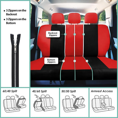 FH Group Car Seat Covers Combo Full Set with Carpet Floor mats Steering Wheel Cover and Seat Belt Pads- Universal Fit for Cars Trucks and SUVs Red
