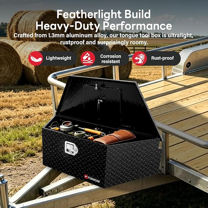 FORWODE Trailer Tongue Box 39 Inch Aluminum Tongue Tool Box Lockable Trailer Tool Chest with Gas Strut, Secure Diamond Plate Truck Tongue Tool Box for Trailer, Truck Bed, Pickup & RV Storage (Black)