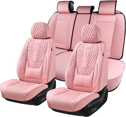 Coverado Seat Covers Full Set, Pink Car Seat Covers, Waterproof Car Seat Cover with Lumbar Support, Leather Car Seat Cushion Protector, Car Seat Covers Universal Fit Most Cars