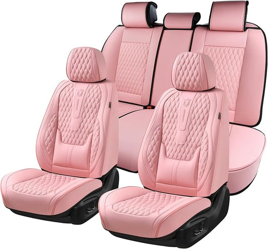 Coverado Seat Covers Full Set, Pink Car Seat Covers, Waterproof Car Seat Cover with Lumbar Support, Leather Car Seat Cushion Protector, Car Seat Covers Universal Fit Most Cars