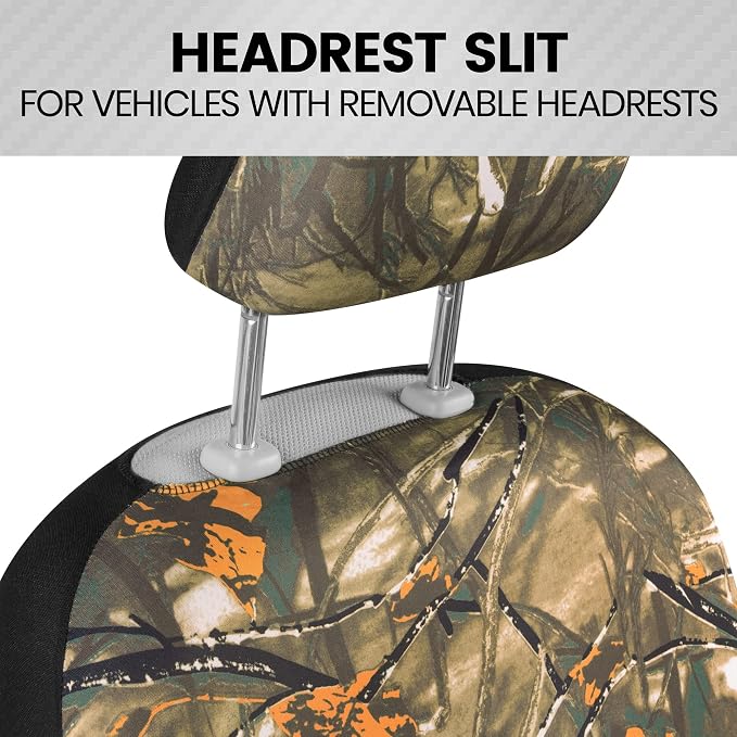 BDK Hunter Camo Car Seat Covers Full Set with Camo Steering Wheel Cover and Seat Belt Cover Pad – Forest Camouflage Pattern, Automotive Front Seat & Bench Back Seat Cover for Cars Trucks SUV