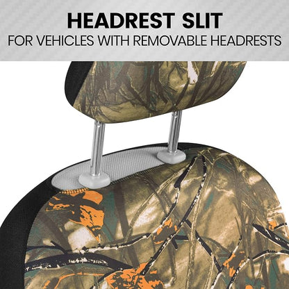 BDK Hunter Camo Car Seat Covers Full Set with Camo Steering Wheel Cover and Seat Belt Cover Pad – Forest Camouflage Pattern, Automotive Front Seat & Bench Back Seat Cover for Cars Trucks SUV