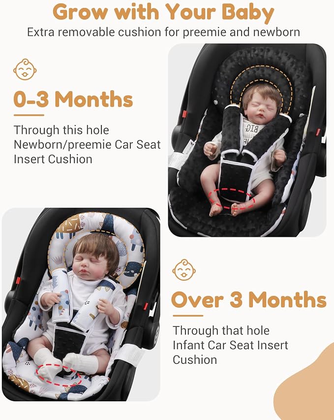 BOMOLOUR Infant Car Seat Insert with Removable Cushion for Baby Preemie Newborn Infant, Reversible carseat Insert Head Body Support Fits for Stroller, Baby Swing, Rocker, Bouncer, Bassinet - Black