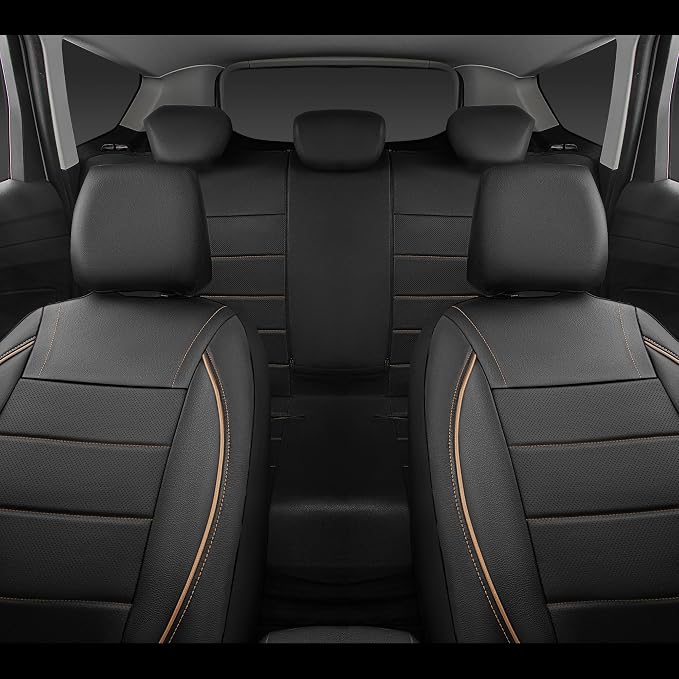 CAR PASS Universal FIT Piping Leather Two Front Seat Covers, Waterproof Faux Leather for SUV Sedan Van Truck, Airbag Compatible,Reserved Opening Holes for Headrest Covers. (Black and Beige)