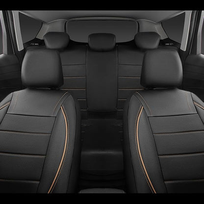 CAR PASS Universal FIT Piping Leather Two Front Seat Covers, Waterproof Faux Leather for SUV Sedan Van Truck, Airbag Compatible,Reserved Opening Holes for Headrest Covers. (Black and Beige)