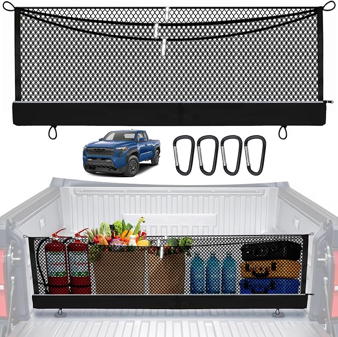 3-Layer Cargo Net for Toyota Tacoma 2005-2026, Zoned Storage Truck Bed Net with Foldable Zippered Bottom Bag, Heavy-Duty Cargo Organizer Netting for Camping, Trips & Everyday Use