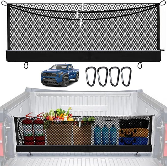 3-Layer Cargo Net for Toyota Tacoma 2005-2026, Zoned Storage Truck Bed Net with Foldable Zippered Bottom Bag, Heavy-Duty Cargo Organizer Netting for Camping, Trips & Everyday Use