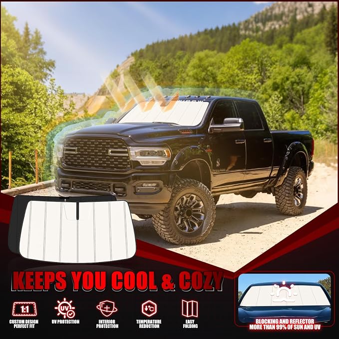 Windshield Sun Shade for Dodge RAM 2500 3500 2019-2025 2026, Front Window Visor Accessories, Folding Design Blocks Heat & UV Rays Maintain Cool Interior and Save Space