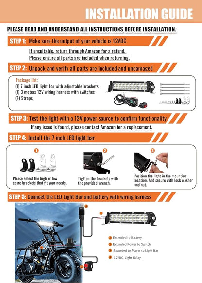 7 Inch Dirt Bike Light Bar, 60W 6000lm Motorcycle LED Headlight Kit with 12V Wiring Harness and Switch, Mounting Brackets Universal for 7/8" Handlebars CRF XR TTR KLX Pit Bike