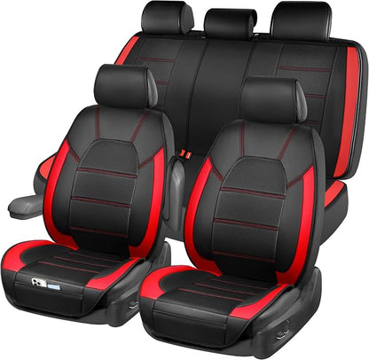 CAR PASS 5 Seats Leather Car Seat Covers, Sideless Car Seat Protectors with Storage Pocket, Water Resistance Seat Cover, Universal Fit Most Cars, SUVs, Trucks and Vans (Full Set,Black and Red)