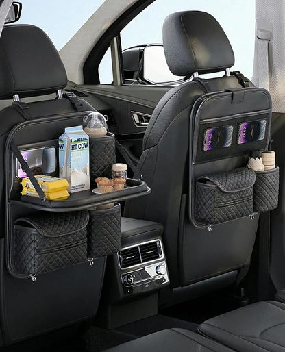 PU Leather Backseat Car Organizer with Foldable Tray & Tablet Holder, Luxury Diamond Stitching Design, Universal Car Seat Storage Organizer for Kids & Family Travel Accessories, Black