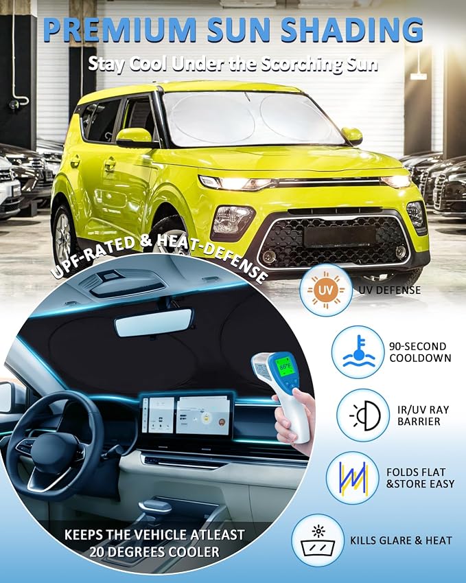 Sun Shade for Soul Windshield Sunshade Custom Fit 2014-2019 Kia Soul Base Accessories Front Window Cover Retractable Sun Visor Protector Keep Interior Cool UV Blocker
