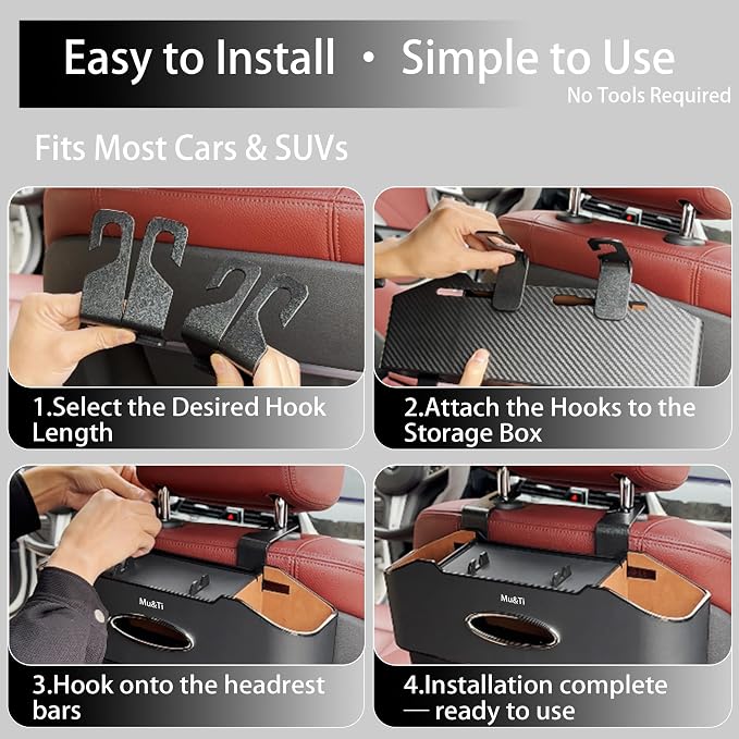 Mu&Ti Back Seat Car Organizer,4+2 in 1 Multifunctional Car Back Seat Storage Box with 2 Cup Holders, Tissue Box and Hook - Ideal for Kids and Travel(Black)